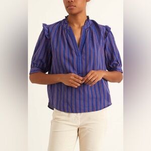 XiRENA Blue and Red Striped Blouse